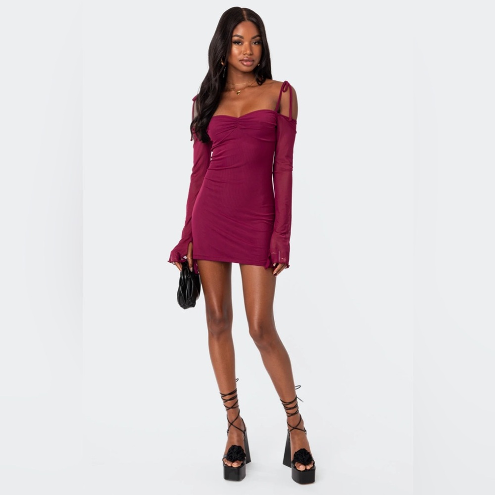 Edikted Ariel Off Shoulder Mesh Mini Dress in Burgundy (Plum)